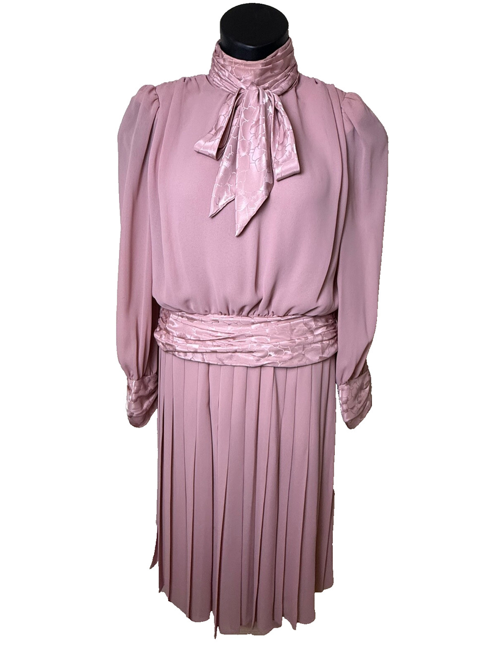 Rose Pink High Neck Bow Pleated Skirt Set Sz 8 10 Secretary Golden Girls Vtg 80s